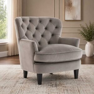 Grey velvet wingback armchair with brass nailhead trim – Deodar Furniture